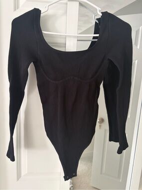 Free People Black Ribbed Long Sleeve Bodysuit